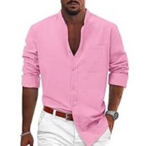 Mens Casual Button Down Long Sleeve Cotton Linen Dress Shirts Regular Fit